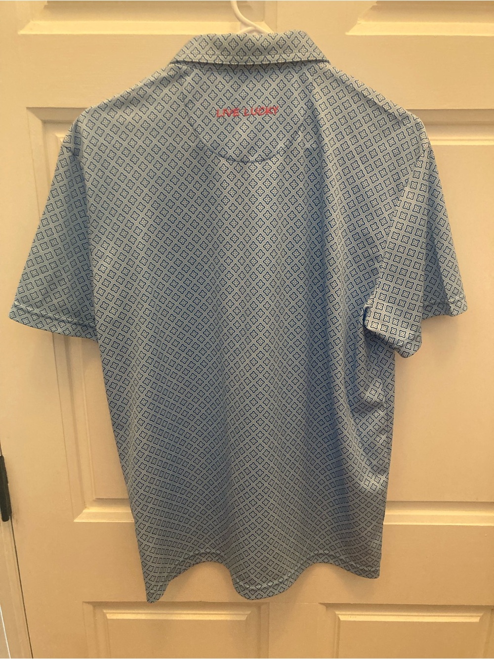 Light Blue Diamond-Print Short Sleeve Polo with Red Logo Accent - Picture 3 of 4